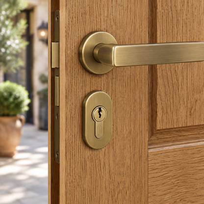 Applicazione del cilindro ottonato su una porta in rovere