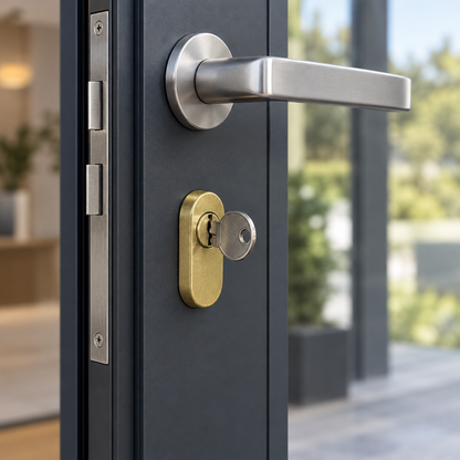 Cilindro ovale Wally 64-01 in ottone montato su porta in alluminio antracite con chiave inserita

