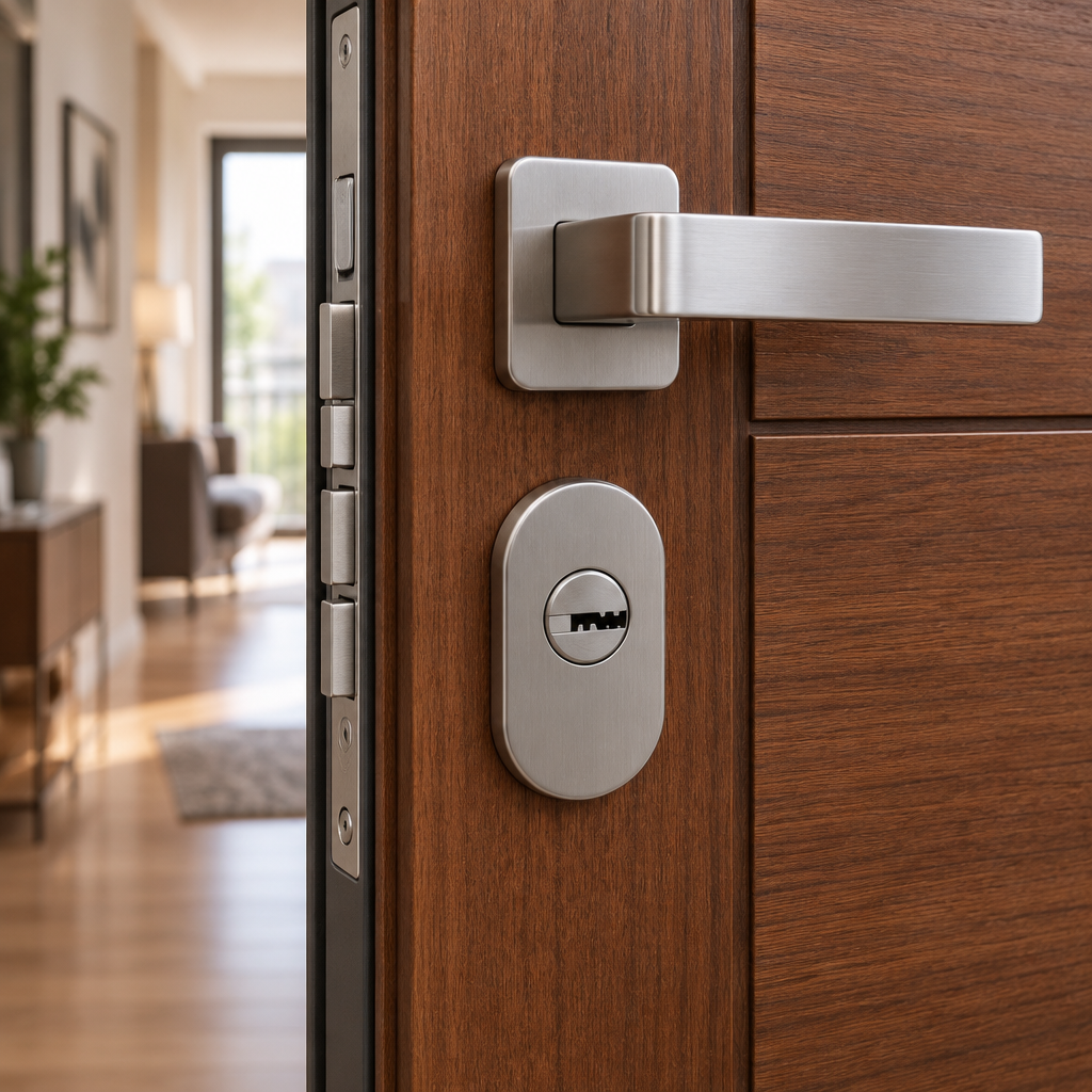Cilindro europeo Potent S3400 montato su porta blindata con pannello in legno e maniglia argentata

