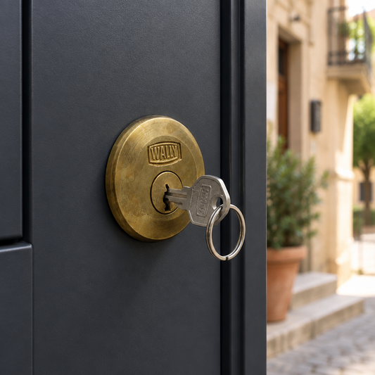 Cilindro staccato Wally 52 montato su porta in alluminio grigio con chiave inserita