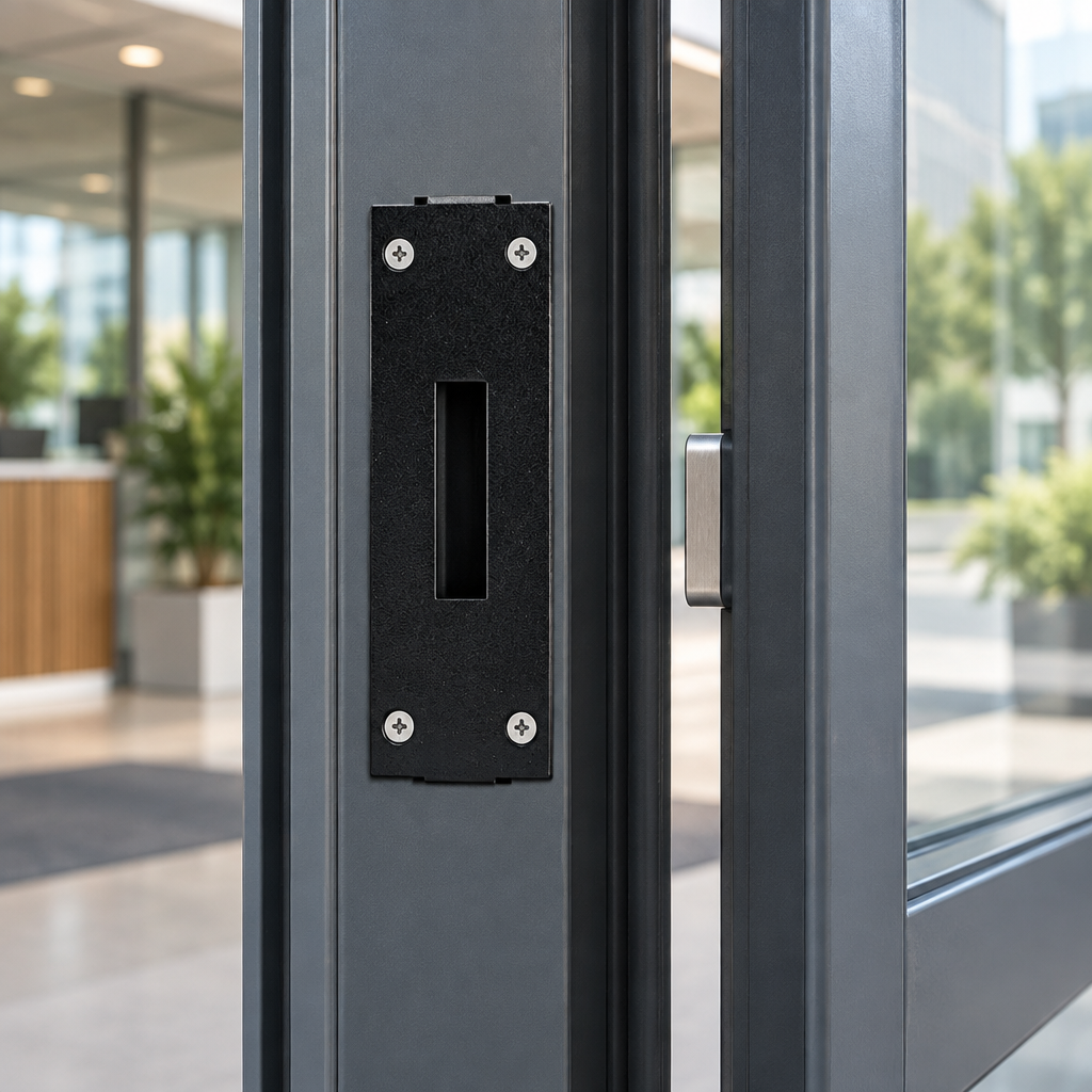 Contropiastra nera OMEC 04063A in acciaio plastificato montata sul telaio in alluminio di una porta a vetro