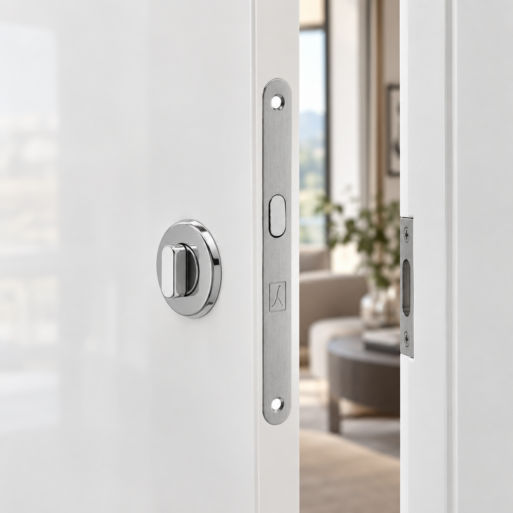 Serratura cromata satinata bordo tondo 50mm Bonaiti installata su porta in legno 4006105087