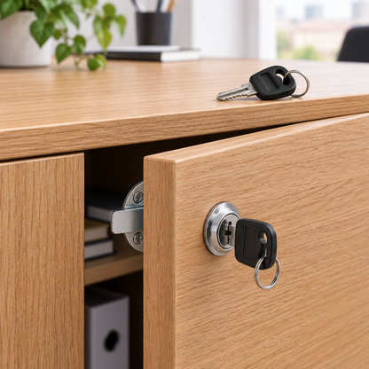 Serratura a cilindro Comferut 02.F710416 montata su anta in legno con chiave inserita e catenaccio visibile

