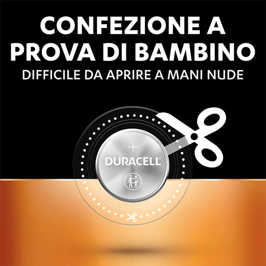 Confezione a prova di bambino batteria Duracell al litio 3V, sicurezza certificata child-resistant