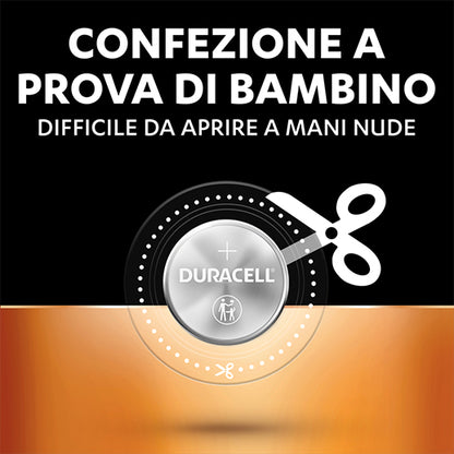Confezione a prova di bambino batteria Duracell al litio 3V, sicurezza certificata child-resistant