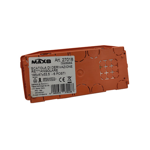 Scatola derivazione rettangolare Ecova MAX8 da 6 posti, vista retro con dettagli tecnici per installazione a parete