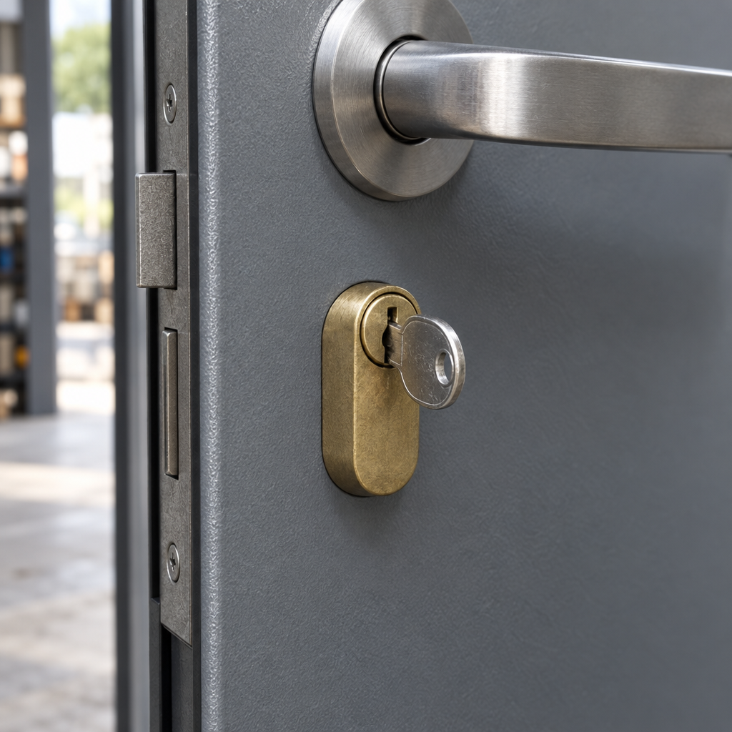 Dettaglio cilindro ovale Wally 64-01 con chiave inserita su porta in metallo grigio con serratura da infilare
