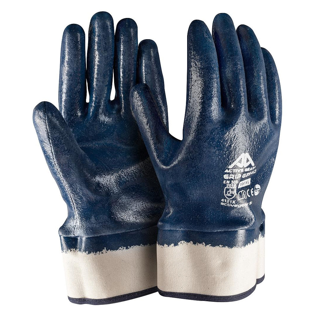 Guanti da lavoro in nitrile blu liscio taglia XL Active Gear Grip G3540 – fodera jersey cotone, rivestimento totale, EN388