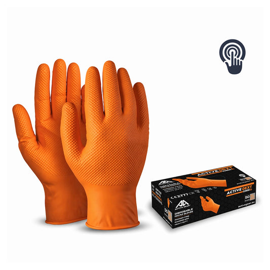 Guanti monouso in nitrile arancione taglia L Active Gear Dext – senza polvere, per alimenti e ambienti chimici, 50 pezzi, EN ISO 374