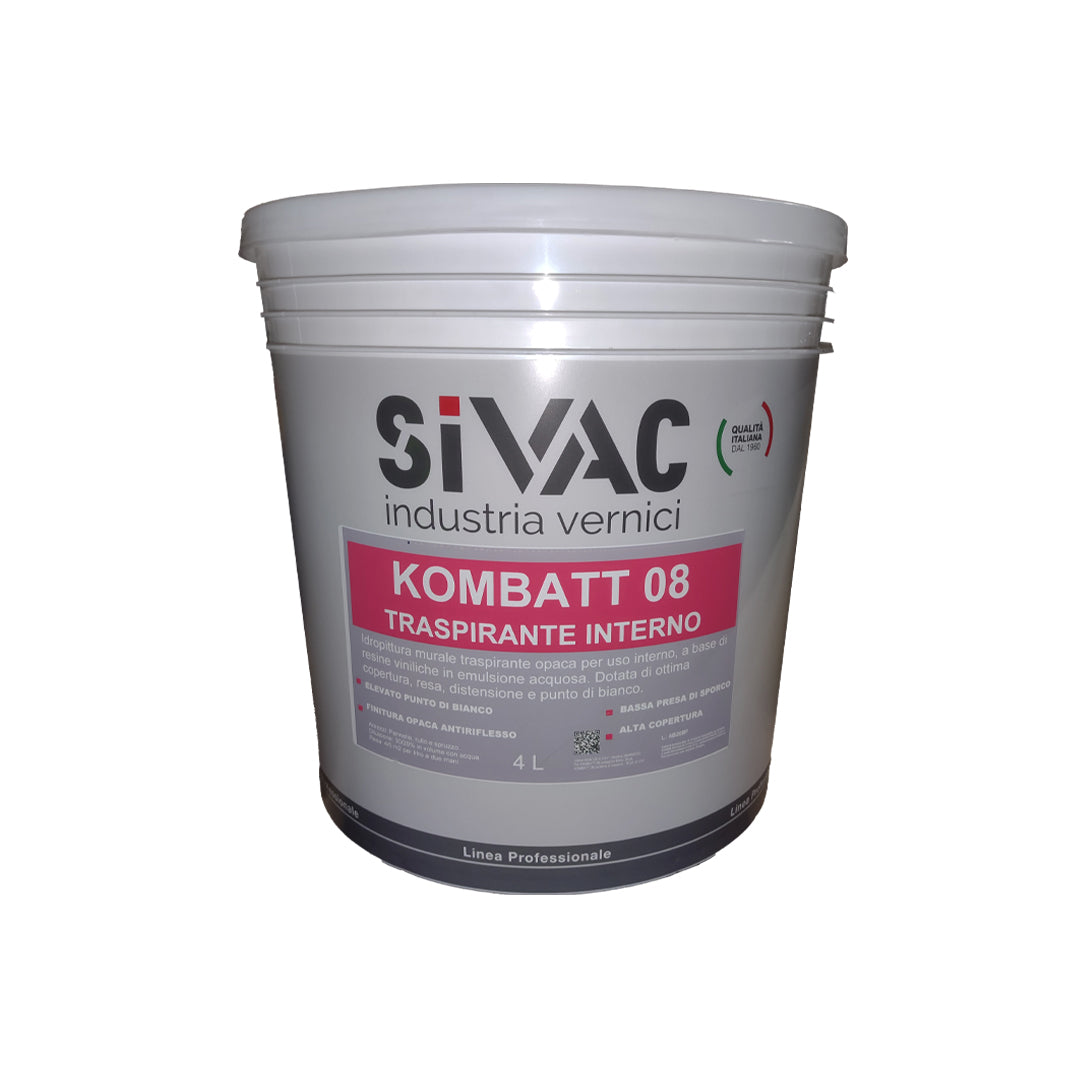 Idropittura murale traspirante bianca per interni 4 litri Kombatt 08 SiVAC – finitura opaca per muratura e cartongesso