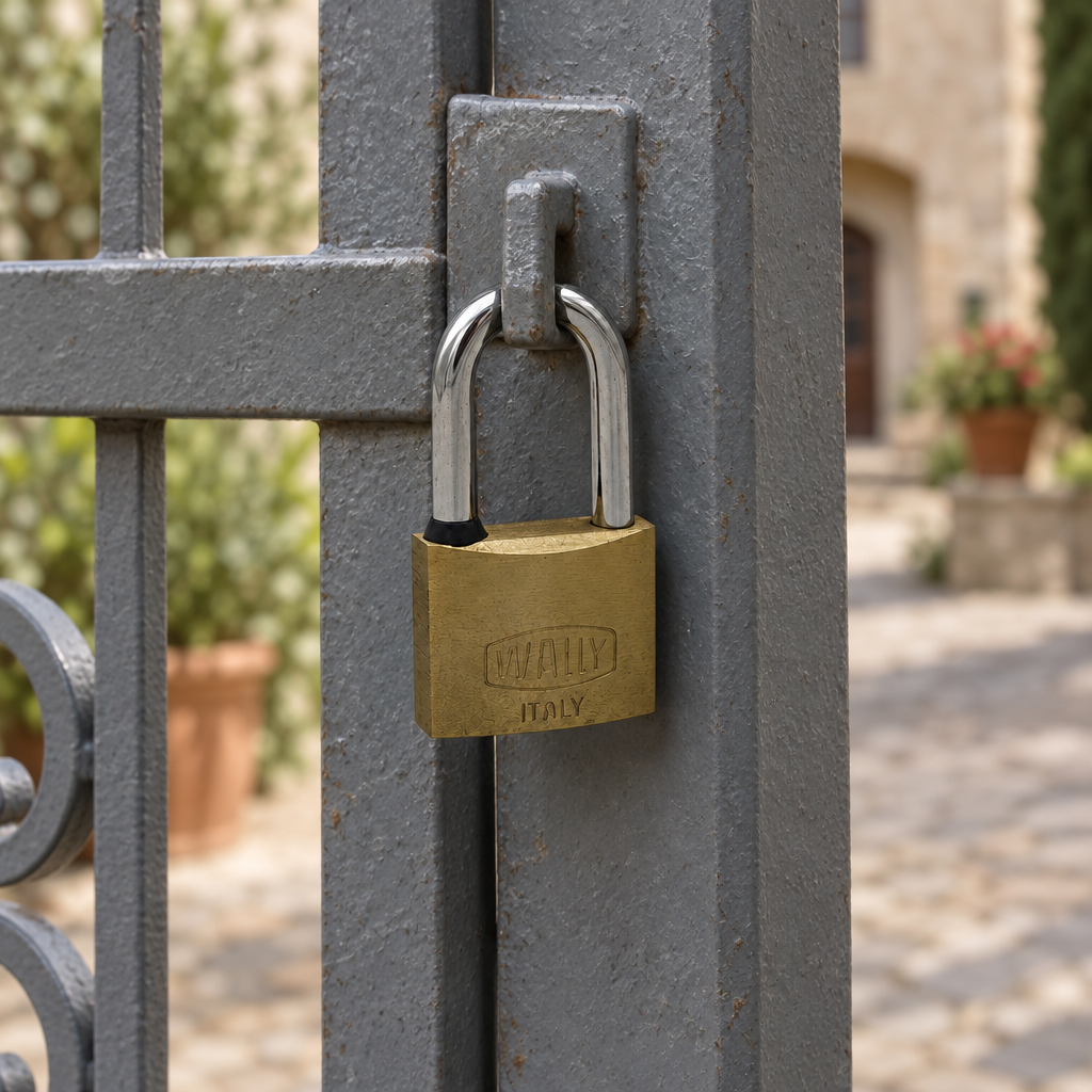 Lucchetto in ottone Wally 275L con arco lungo fissato alla chiusura di un cancello in metallo grigio

