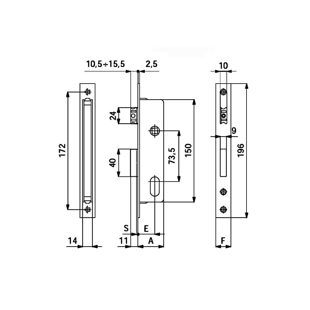 Disegno tecnico serratura OMEC338 con quote dimensionali e misure entrata 25mm