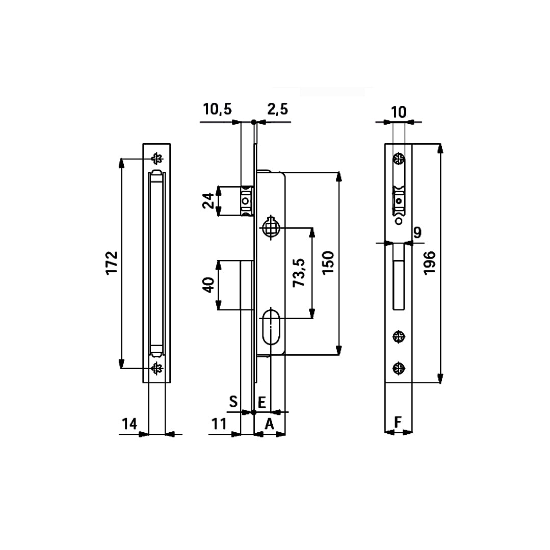 Disegno tecnico serratura OMEC350 con quote dimensionali e misure entrata 15mm