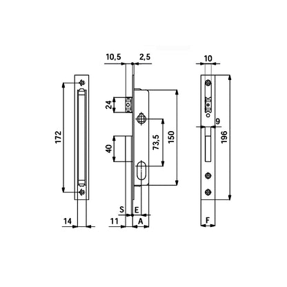 Disegno tecnico serratura OMEC350 con quote dimensionali e misure entrata 15mm