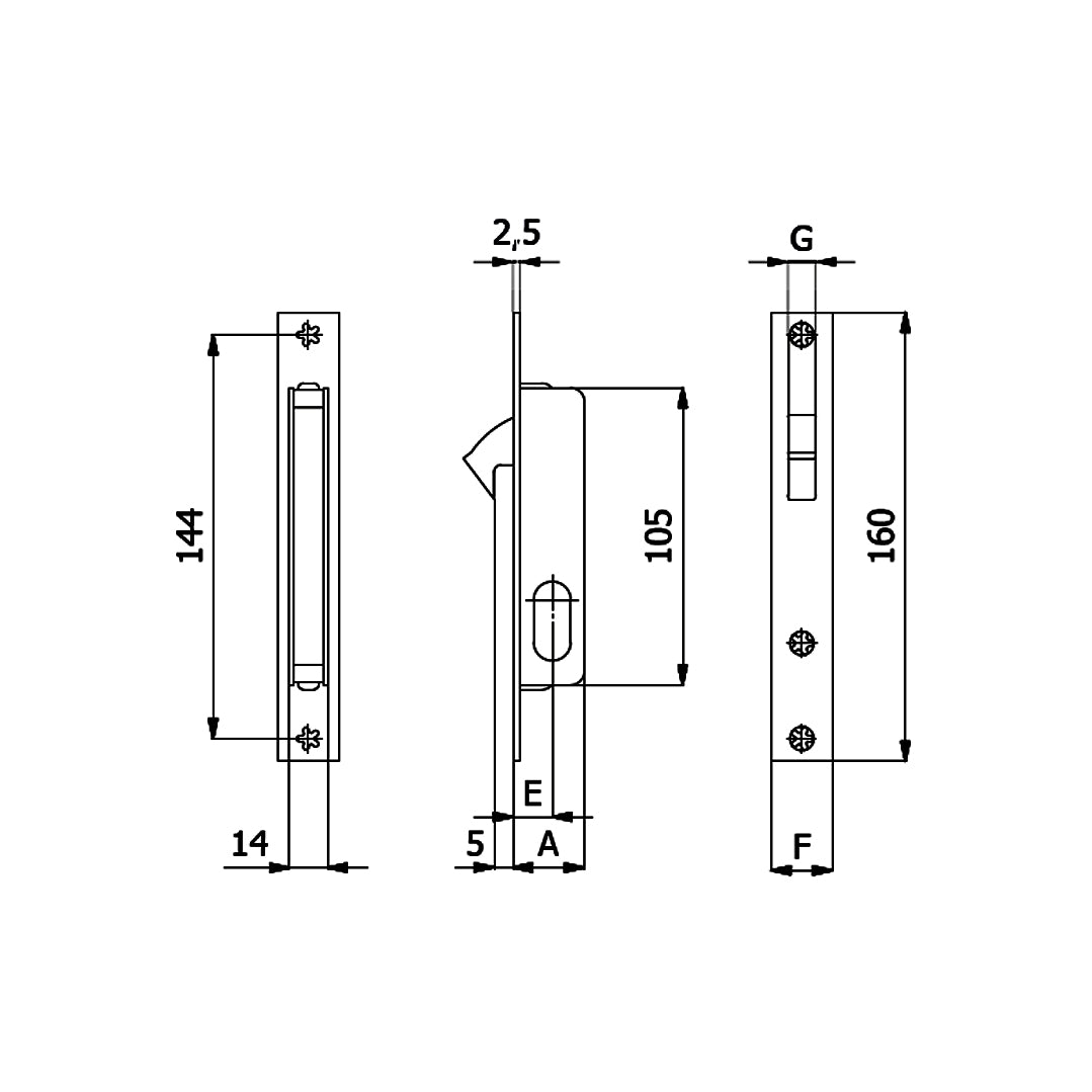 Disegno tecnico serratura OMEC356 con quote dimensionali e misure entrata 15mm