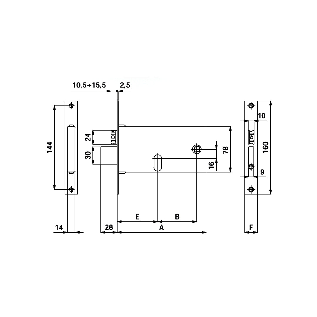 Disegno tecnico serratura di sicurezza OMEC 370 770 870 con quote dimensionali e misure entrata 60mm 70mm 80mm