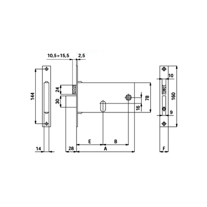 Disegno tecnico serratura di sicurezza OMEC 370 770 870 con quote dimensionali e misure entrata 60mm 70mm 80mm