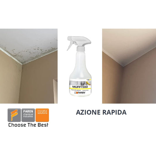 Dettaglio etichetta Muffyxid Faren antimuffa per bagni, docce, cucine, cantine e muretti interni ed esterni