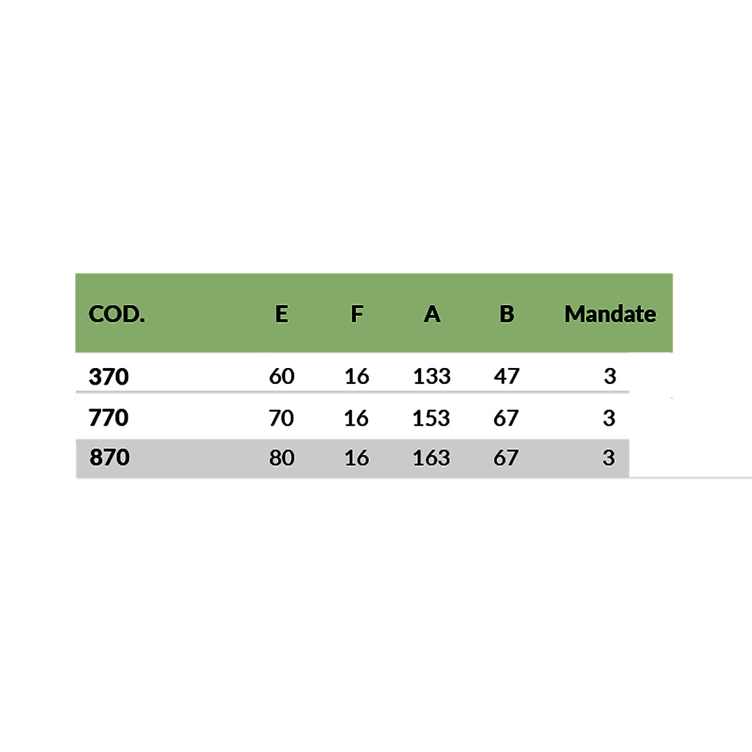 Scheda catalogo serratura OMEC 370 770 870 con codice prodotto e specifiche dimensionali