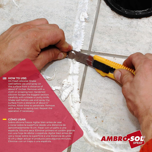 Applicazione sciogli silicone spray su mattonelle per rimozione eccedenze – Ambro-Sol P301