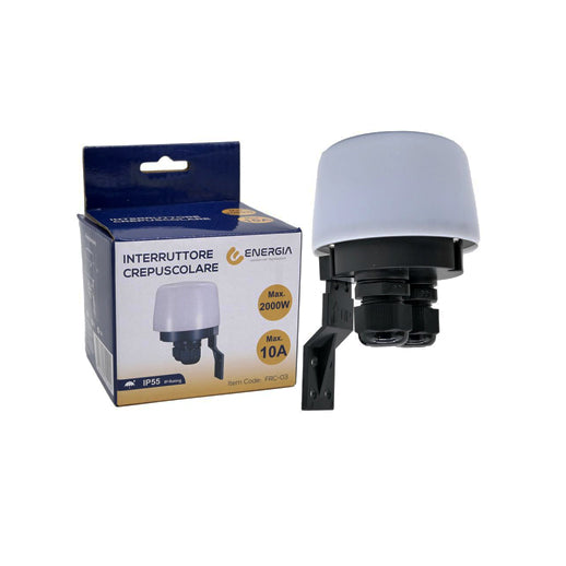 Sensore crepuscolare IP55 2000W per illuminazione automatica, vista frontale con regolazione sensibilità