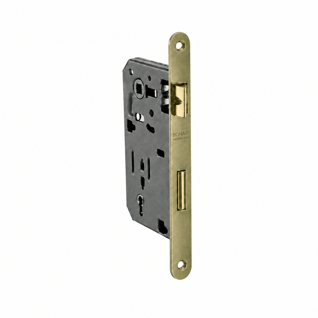 Serratura da infilare ottonata bordo tondo entrata 50mm per porte in legno Bonaiti 48042050HE