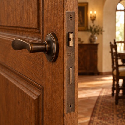Serratura da infilare bronzata bordo retto 50mm Bonaiti installata su porta in legno interno 48042050MC
