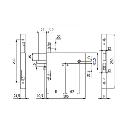 Schema tecnico con misure serratura elettrica OMEC 5968, dimensioni e specifiche di installazione