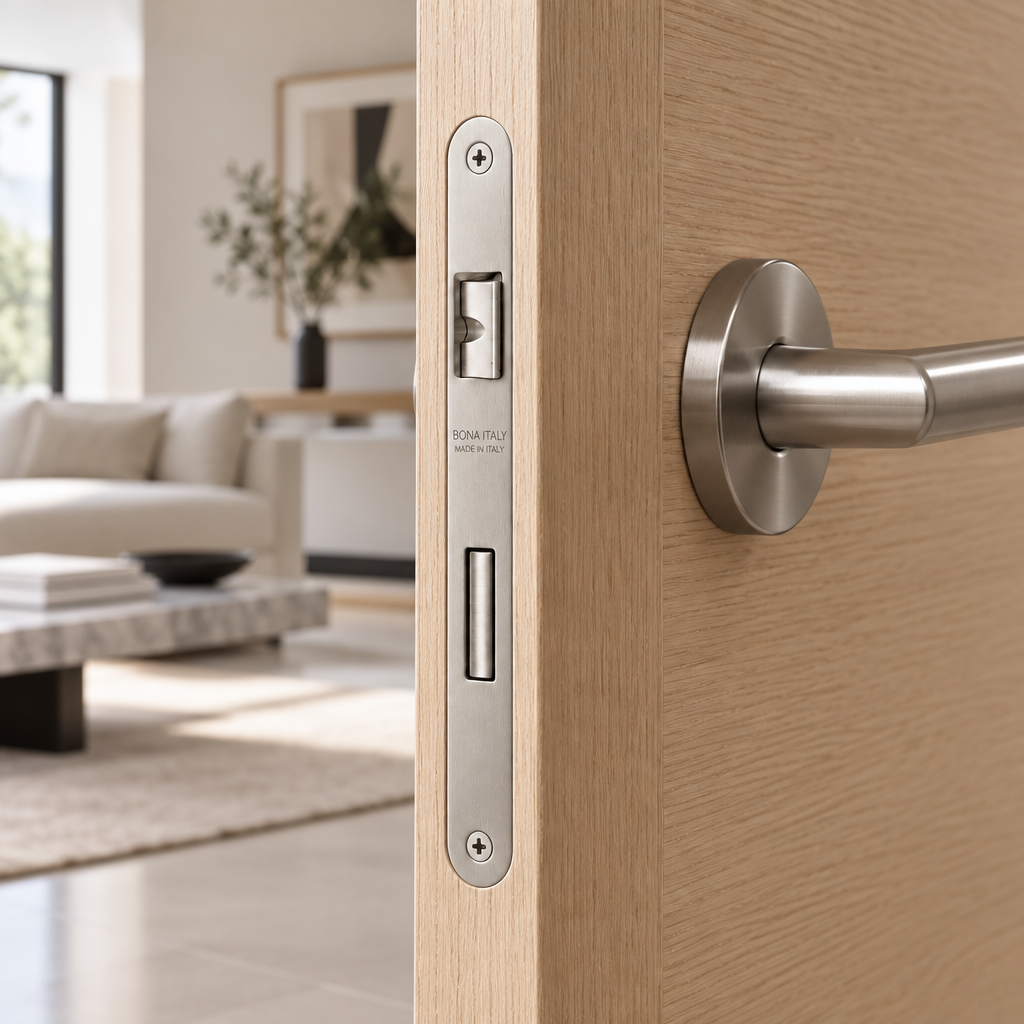 Serratura da infilare nichelata bordo tondo 50mm Bonaiti installata su porta in legno interno 48042050PE