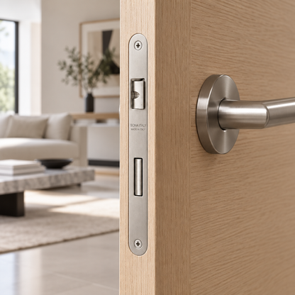 Serratura da infilare nichelata bordo tondo 50mm Bonaiti installata su porta in legno interno 48042050PE