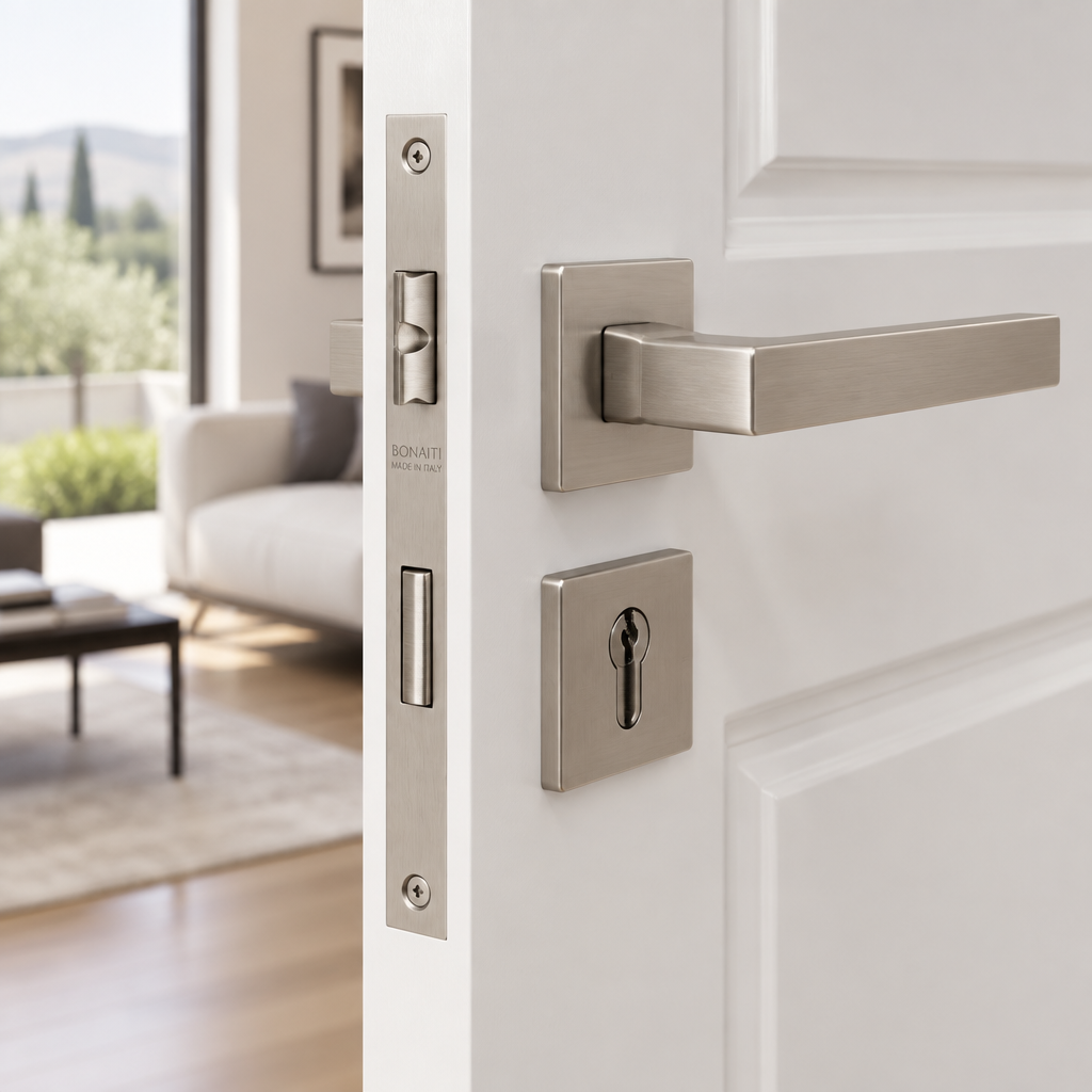 Serratura in nichel satinato bordo quadro 35mm Bonaiti montata su porta interna in legno 48042035PC