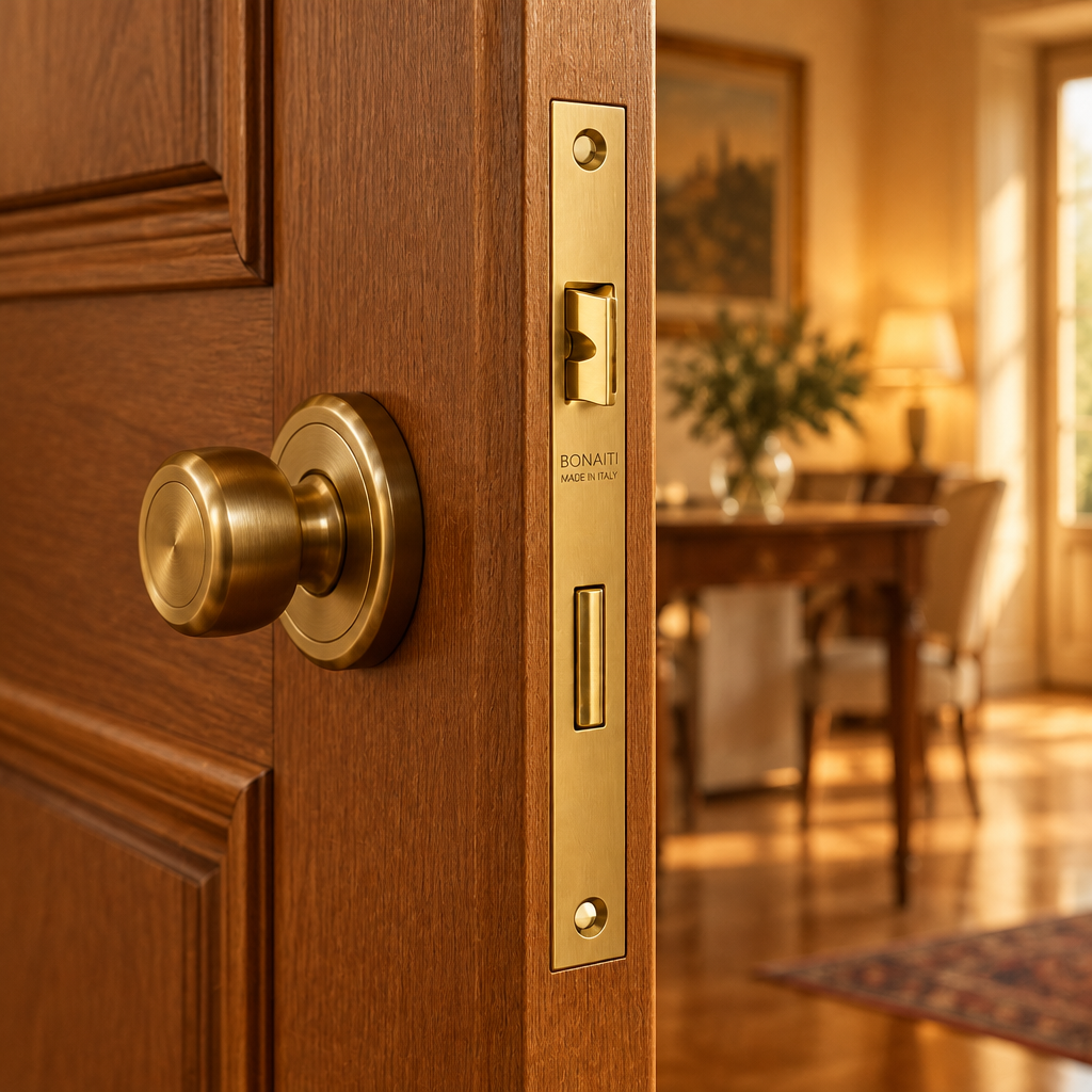 Serratura da infilare ottonata bordo retto 50mm Bonaiti installata su porta in legno interno 48042050HC