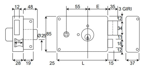 Dimensioni serratura destra Wally 600ADX 50 mm con maniglia 