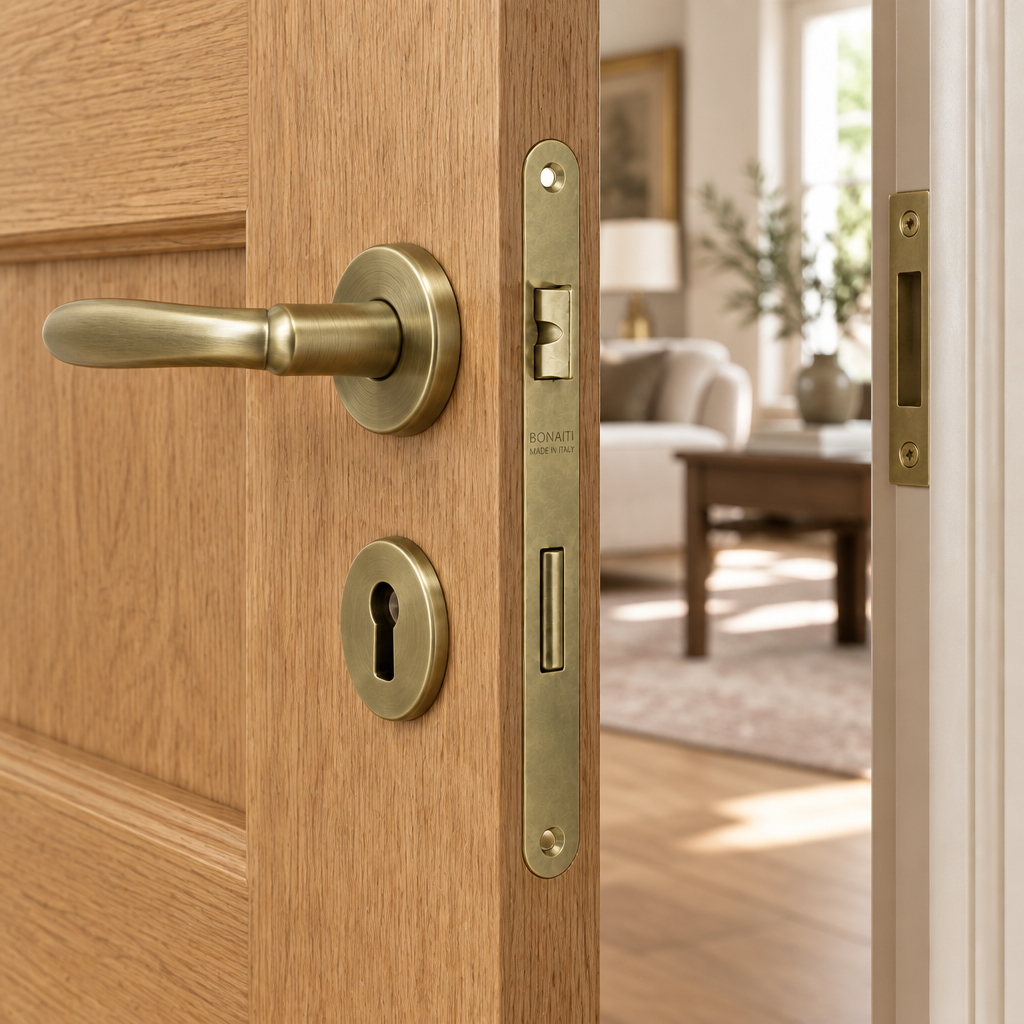 Serratura da infilare ottonata bordo tondo 45mm Bonaiti installata su porta in rovere 48042045HE