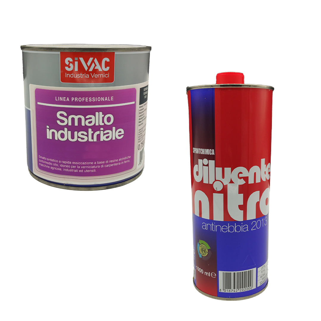 Kit smalto industriale lucido bianco SiVAC 750 ml + diluente nitro 1 litro per verniciatura carpenteria ferro macchine agricole e utensili