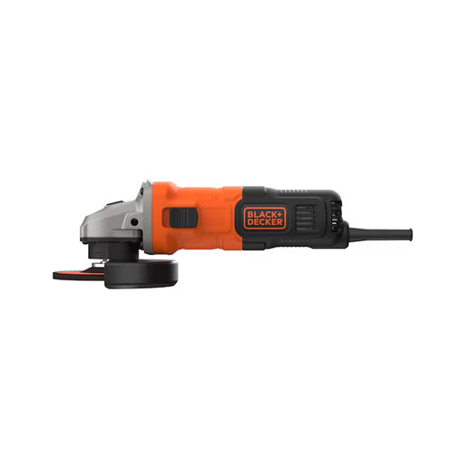 Smerigliatrice angolare Black+Decker BEG010 vista laterale, design compatto 115mm per lavori di precisione

