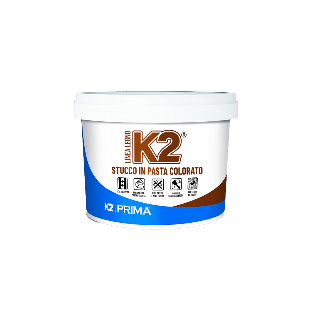 Stucco in pasta colorato noce chiaro K2 Prima Srl 500 gr pronto uso senza solventi per stuccatura legno e muri interni verniciabile dopo essiccazione 24 ore