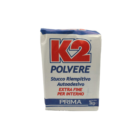 Stucco in polvere riempitivo extra fine K2 Prima Srl 2,5 kg facilmente carteggiabile per preparazione superfici interne prima di verniciatura decorativi e carte da parati