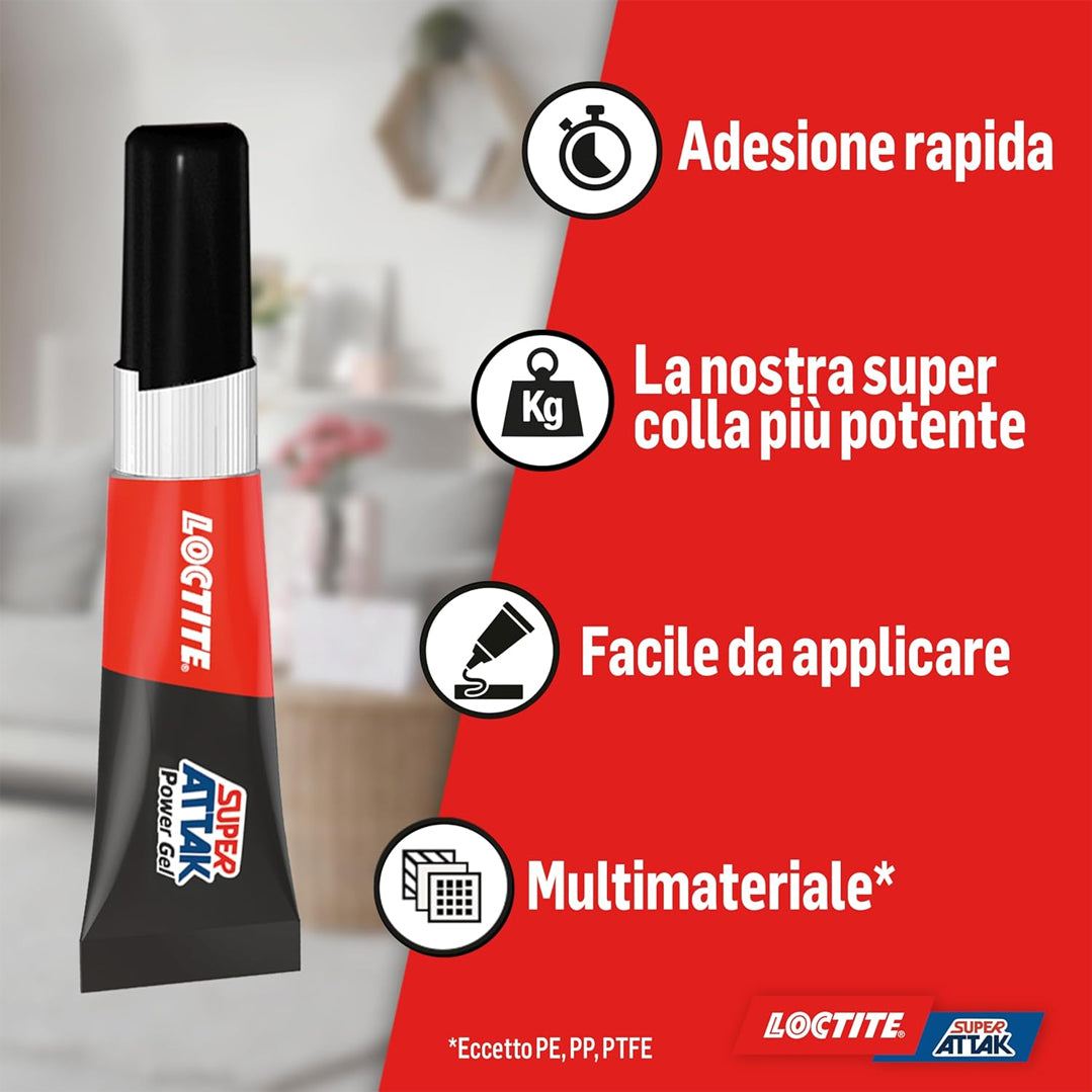 Dettaglio formula gel arricchita con gomma Super Attak Power Gel Loctite per incollaggi flessibili e resistenti agli urti