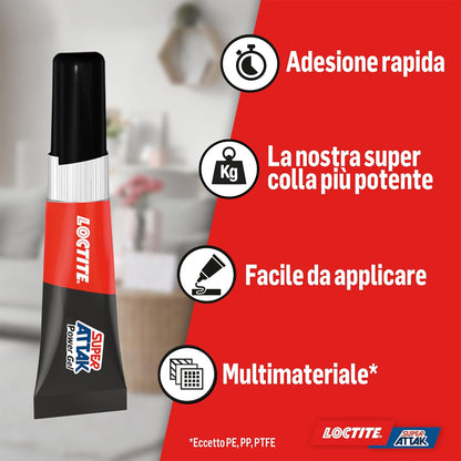 Dettaglio formula gel arricchita con gomma Super Attak Power Gel Loctite per incollaggi flessibili e resistenti agli urti