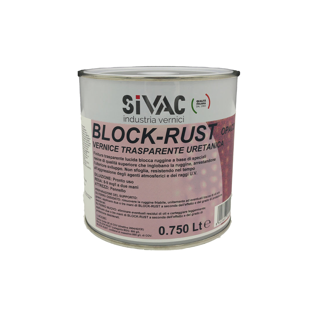 Vernice trasparente blocca ruggine Block-Rust SiVAC 750 ml finitura lucida inglobante la ruggine resa 8-9 m²/l resistente UV per ferro e metalli ossidati esterni