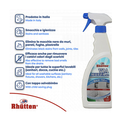 Applicazione Via Muffa RH Rhutten su muri, fughe e piastrelle per rimuovere muffa e umidità in bagno e cucina