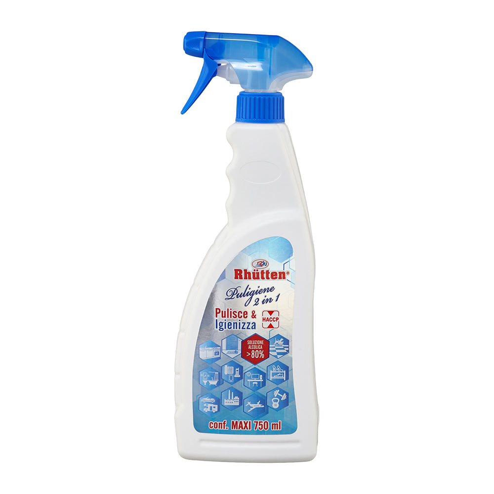 Igienizzante multiuso spray Rhutten Puligiene 2 in 1 a base alcolica 750ml per superfici